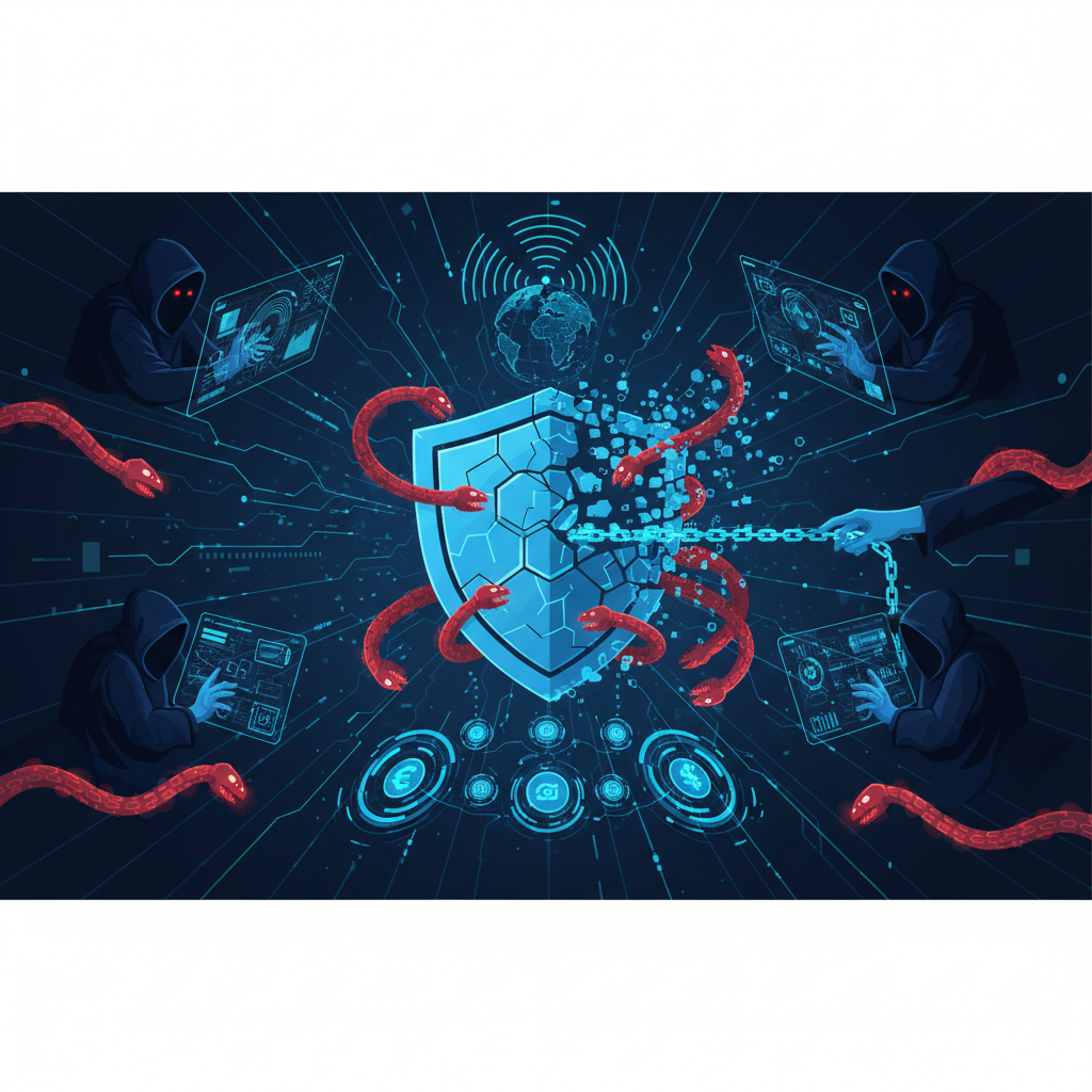 Hacker's hands typing on a laptop, credit cards and money scattered around, illustrating payment facilitator cyber-crime