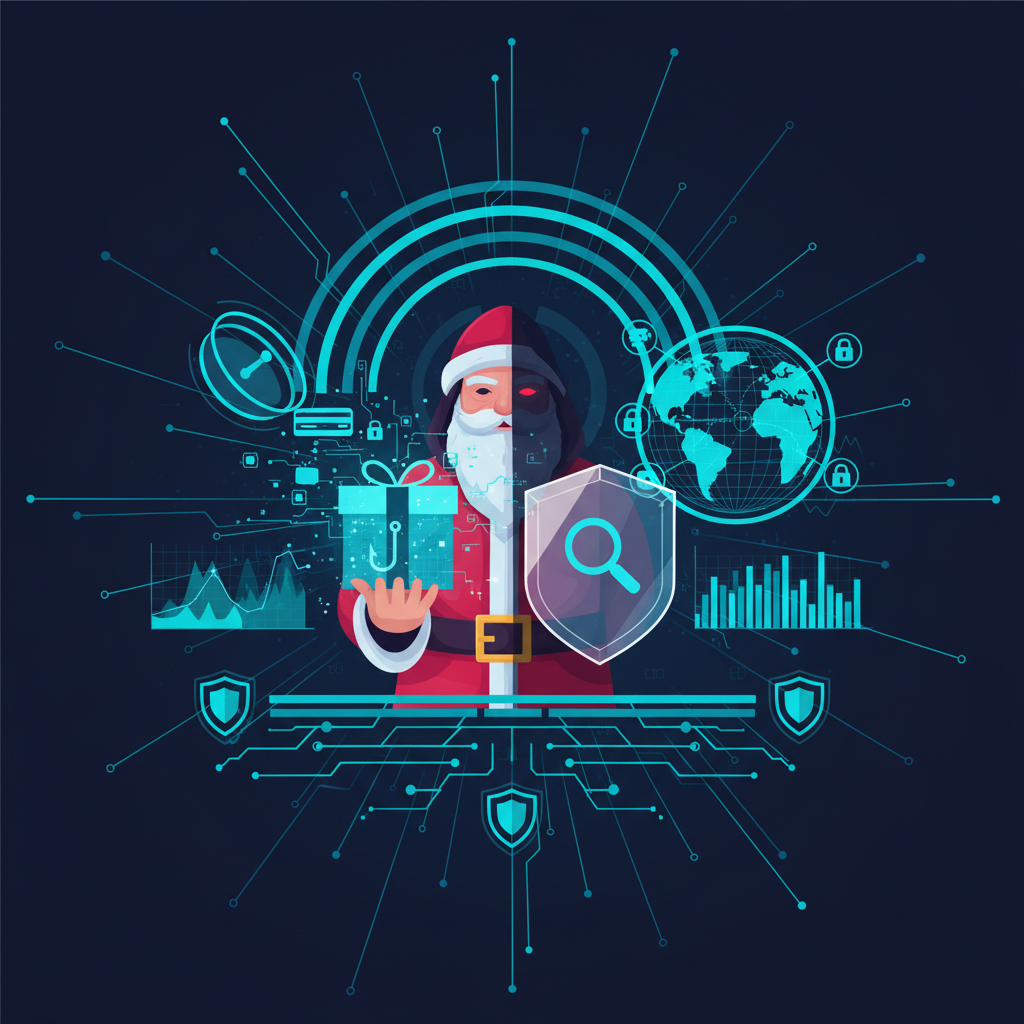 Santa Claus in a hacker hoodie, typing on a laptop with a mischievous grin