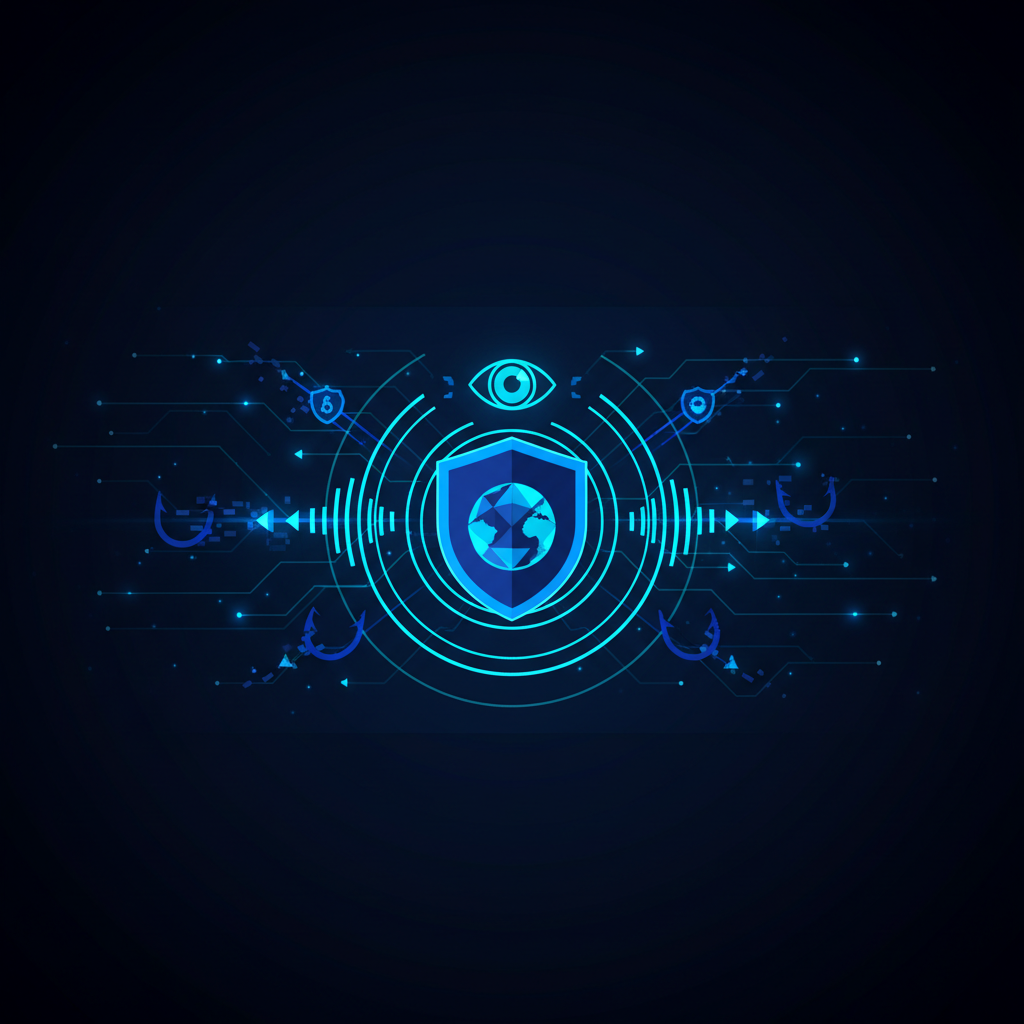 Shield icon with a fishhook, representing digital security against phishing