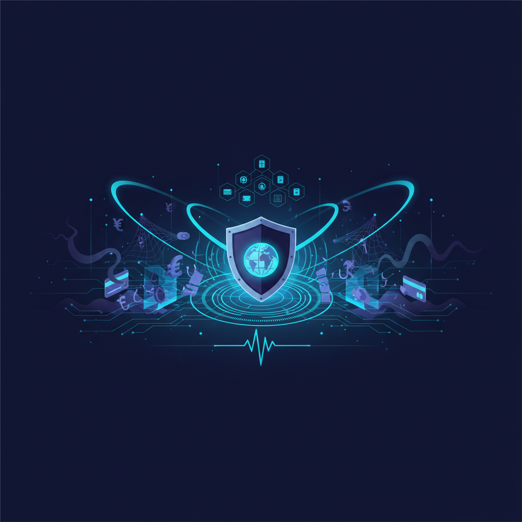 Digital lock and shield protecting a credit card, symbolizing secure online payments against fraud