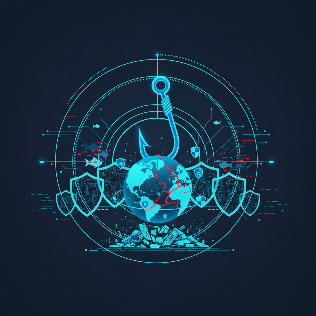 Stylized phishing hook with a dollar sign bait, dangling over a laptop keyboard, symbolizing cyber threat