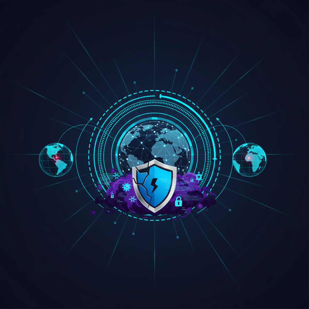 Glowing, interconnected nodes forming a shadowy, abstract network, symbolizing the dark web's hidden threats