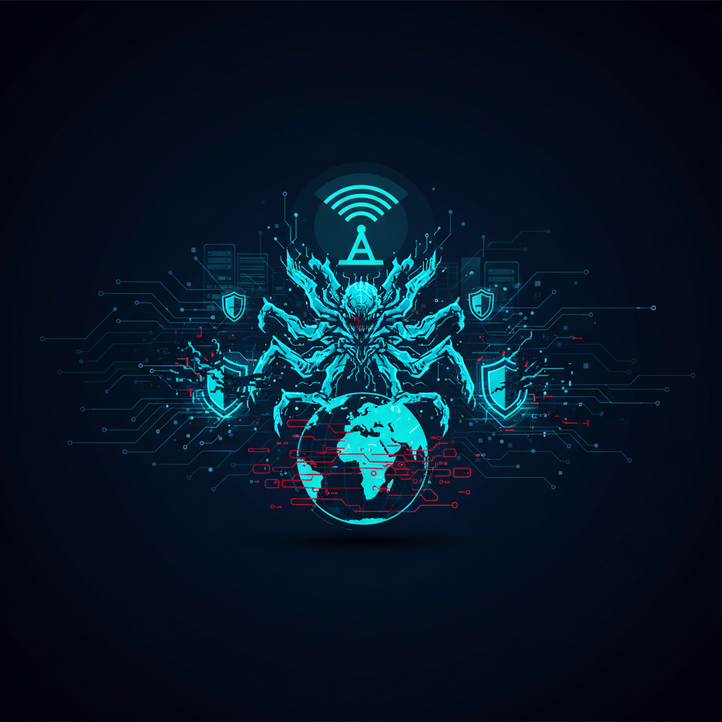 Emotet malware as a menacing, multi-tentacled digital monster with glowing red eyes, attacking a laptop
