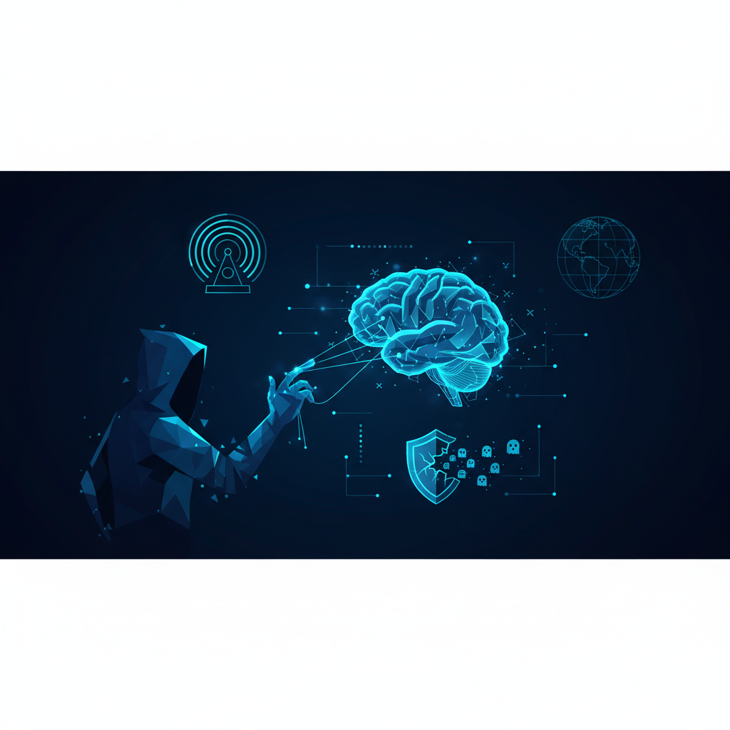 Hacker in a hoodie typing on a laptop, with a lock icon and question mark, representing social engineering